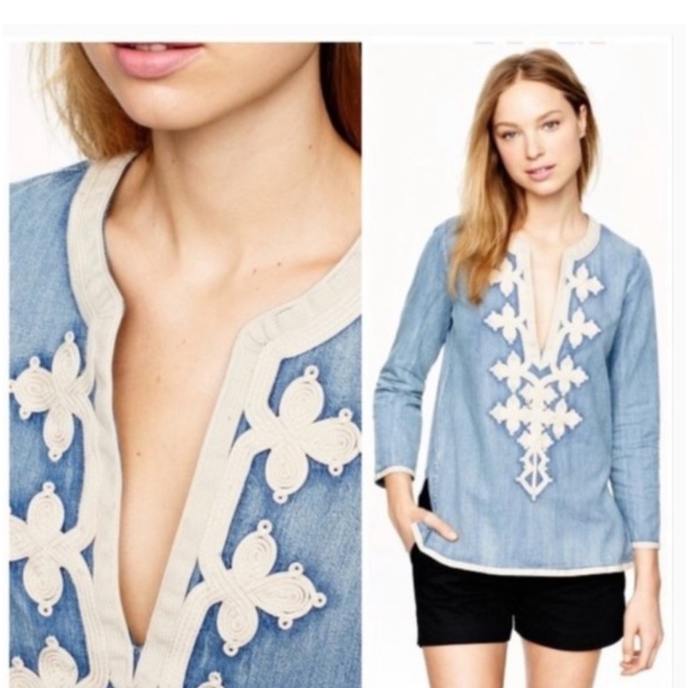 J. Crew Blue Chambray Denim Blouse with Cream Embroidery
